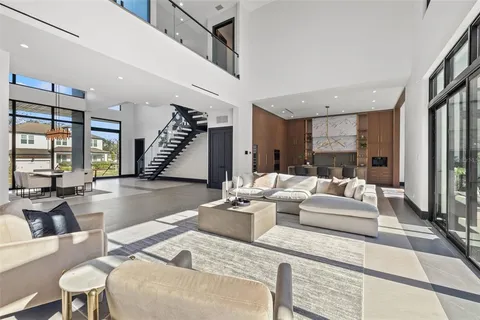 a large kitchen with a large window