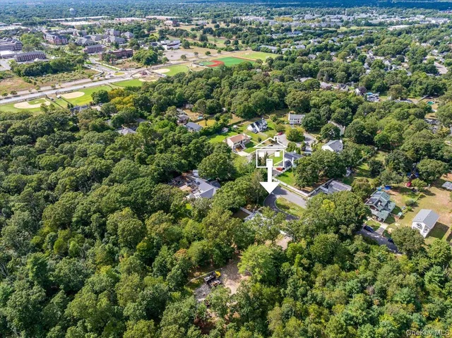 an aerial view of residential houses with outdoor space and trees