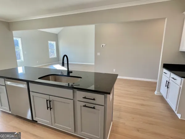 a kitchen with stainless steel appliances granite countertop a sink and wooden floors