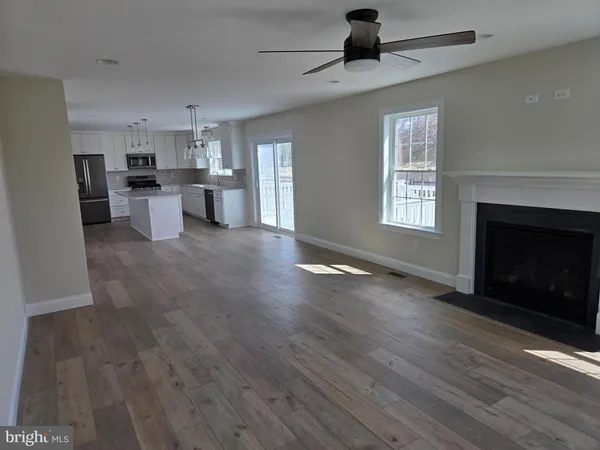 a view of a kitchen with furniture and a fireplace
