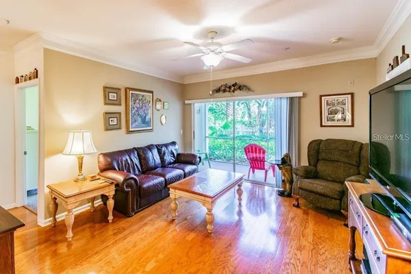 a living room with furniture and a large window