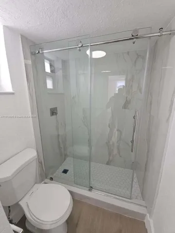 a bathroom with a shower and a toilet