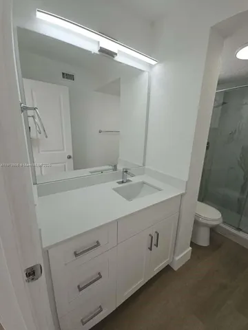 a bathroom with a sink double vanity and toilet