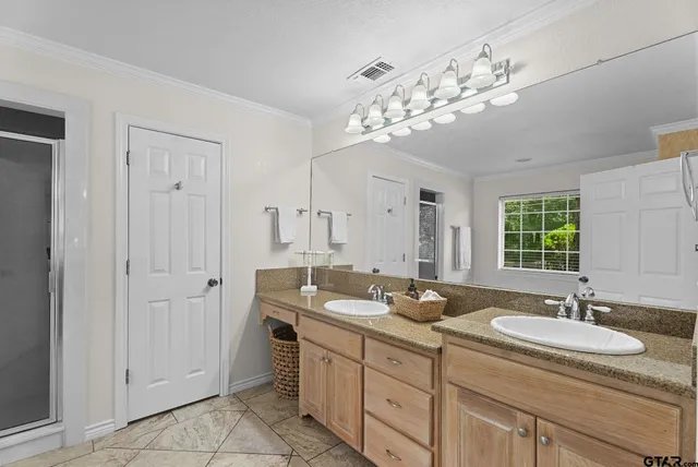 a bathroom with double vanity sinks a vanity a mirror and a shower
