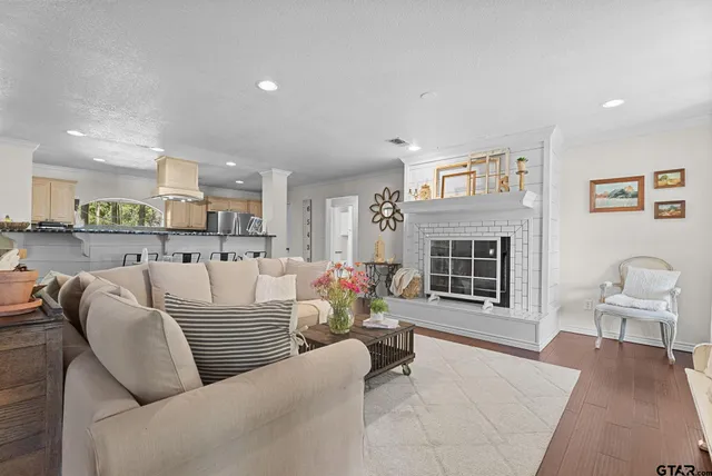 a living room with furniture and a fireplace