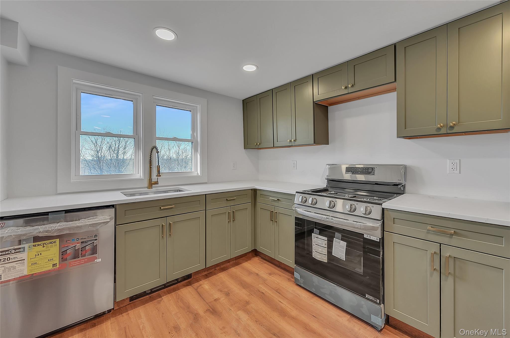 67 Jacobs Road Westtown, NY 10998 - Photo 7 of 36 Kitchen featuring appliances with stainless steel finishes, light wood-style flooring, green cabinetry, light stone countertops, and recessed lighting