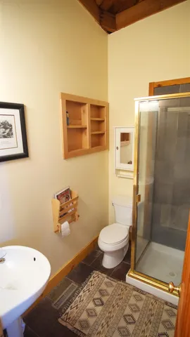 a bathroom with a toilet and a shower