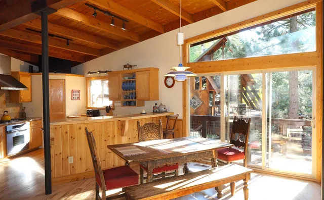 a dining table & chairs in a room