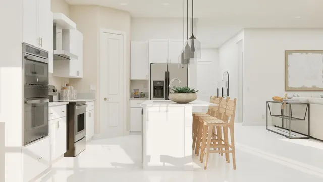 a kitchen with stainless steel appliances kitchen island granite countertop a refrigerator a stove and a sink with wooden floor