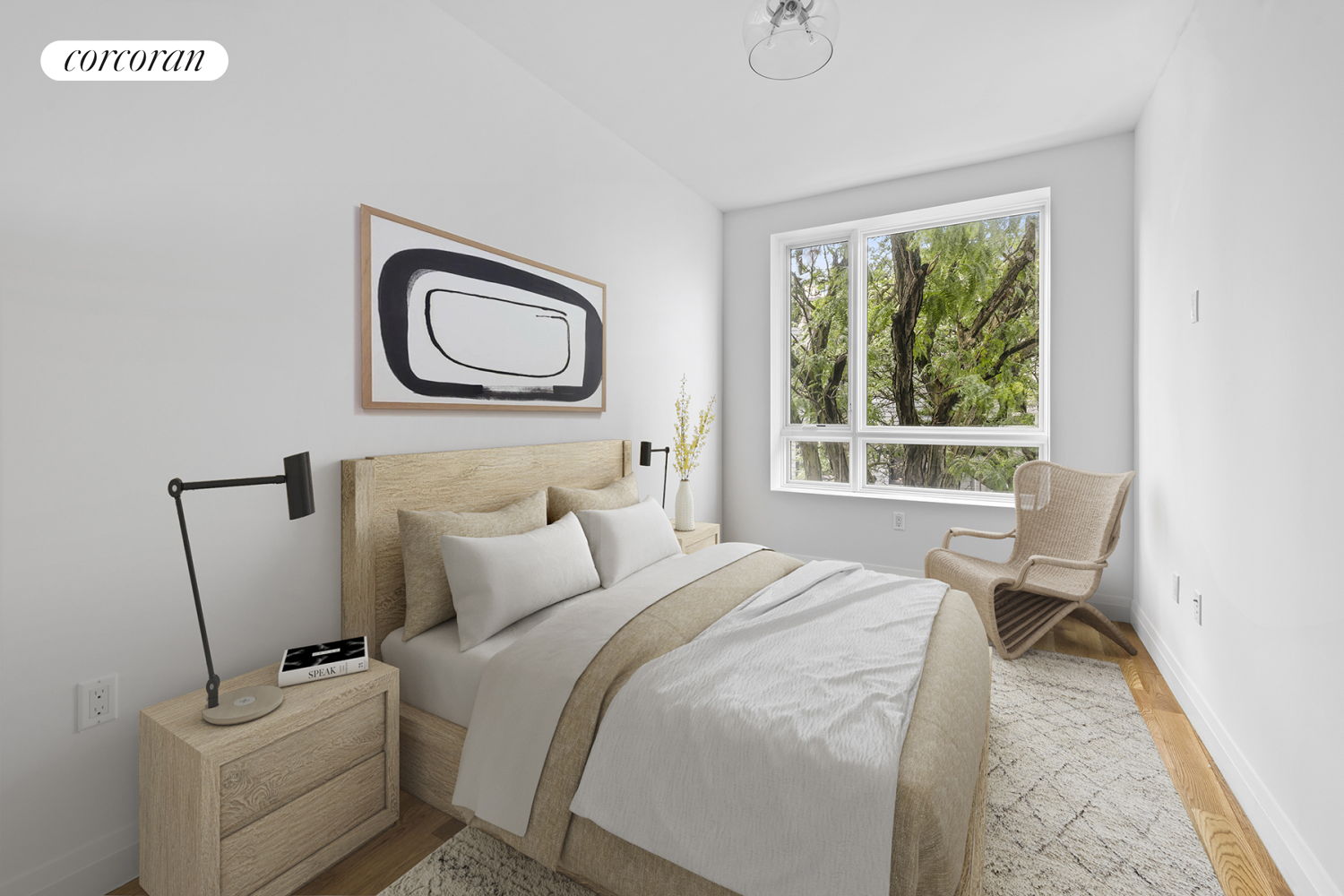 a bedroom with a bed and a chair