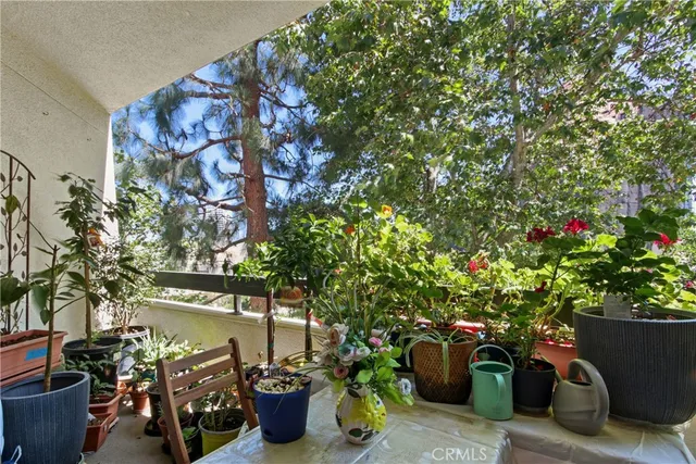 a view of a patio with table and chairs potted plants and large tree