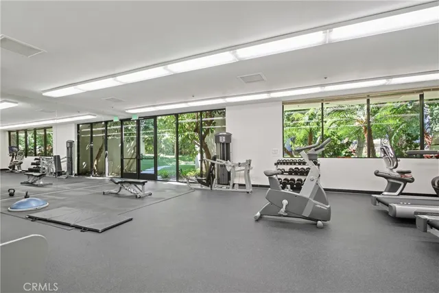 a view of a room with gym equipment and floor to ceiling window