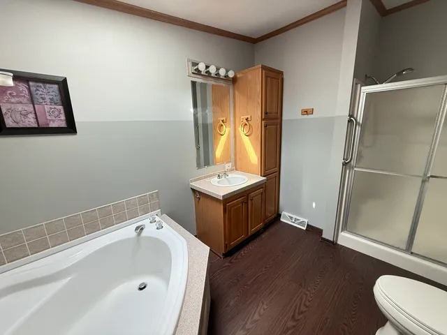 a bathroom with a tub sink and mirror