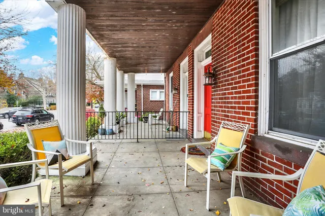 a building outdoor space with patio furniture