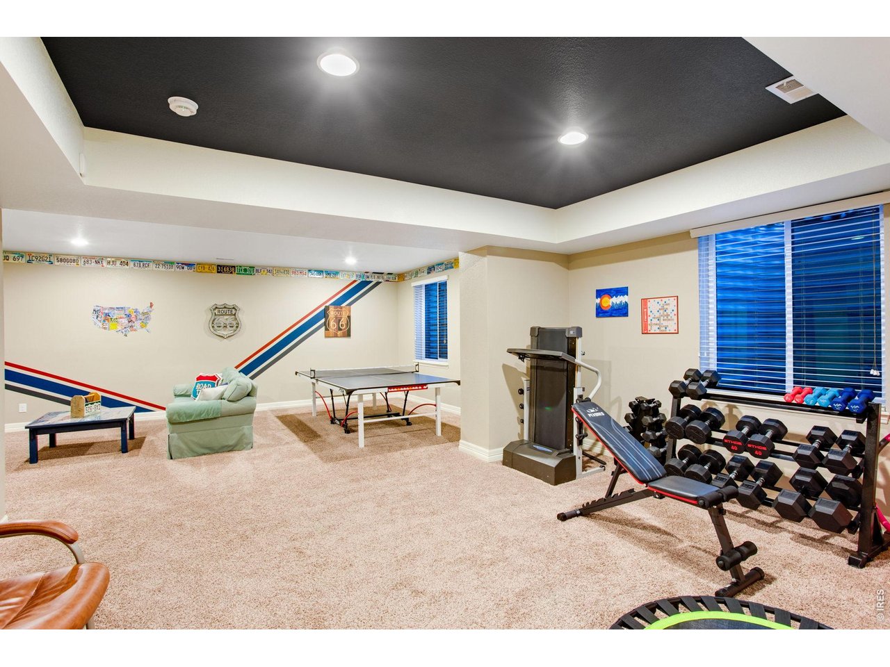 5728 Connor Street Timnath, CO 80547 - Photo 38 of 50 a living room with furniture a flat screen tv and gym equipment