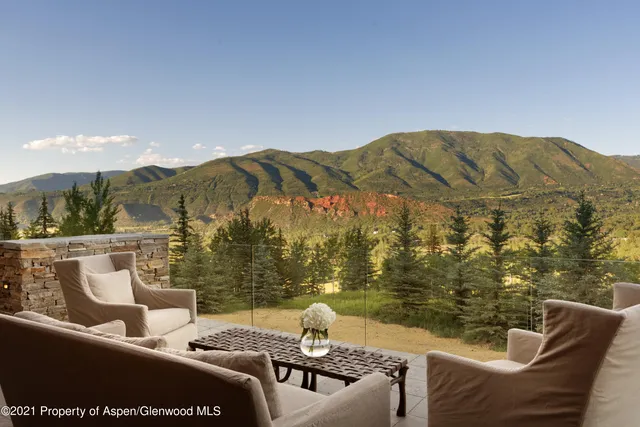 a front view of residential houses with yard and trees in the background