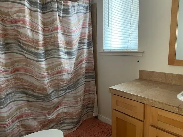 a bathroom with a sink and a shower curtain