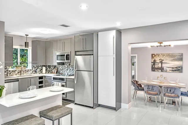 a kitchen with stainless steel appliances a stove a microwave and a refrigerator