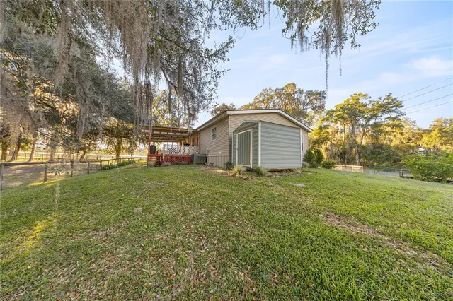 a view of a park with large trees