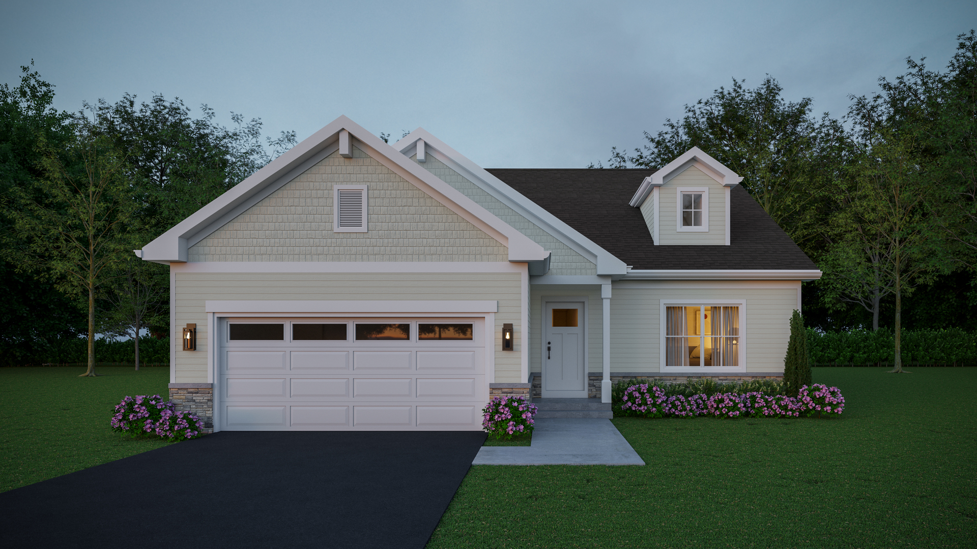 a front view of a house with a garden and yard