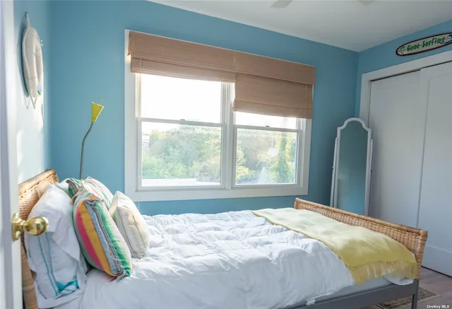 a bed sitting in a bedroom next to a window