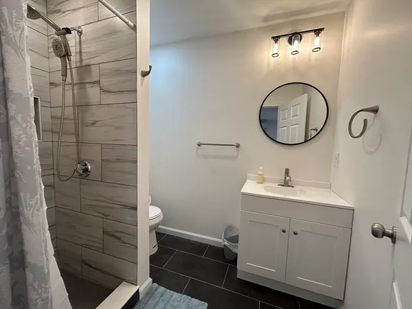 a bathroom with a toilet a sink a vanity and mirror