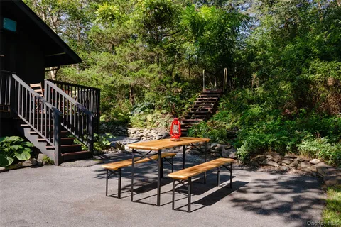 a backyard of a house with table and chairs