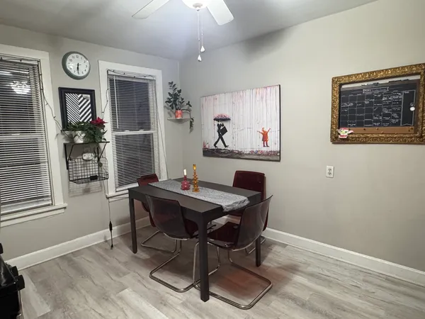 a view of a dining room with furniture