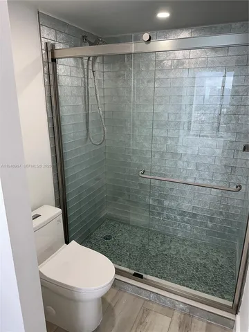 a bathroom with a shower and a toilet