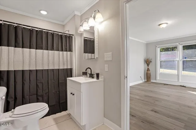 a bathroom with a sink a toilet a mirror and shower curtain