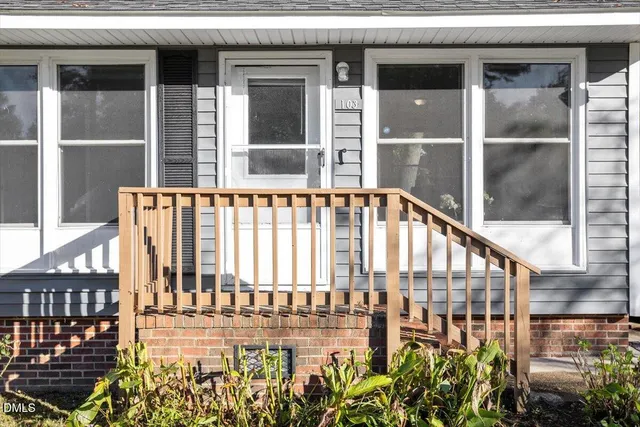 a view of a building from a porch