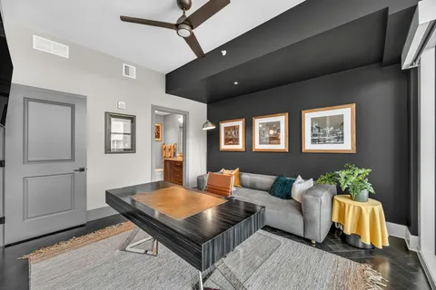 a living room with furniture and a potted plant