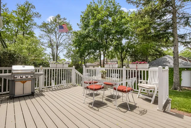 a view of a chairs and table in the backyard
