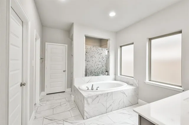 a bathroom with a bathtub and a shower