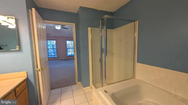 a bathroom with a shower and a tub