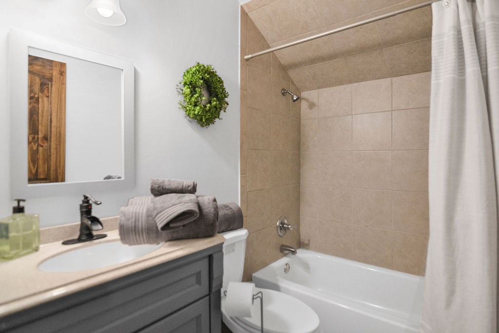 45 Wilderness Trail Blue Ridge, GA 30513 - Photo 45 of 58 a bathroom with a granite countertop sink a toilet and shower