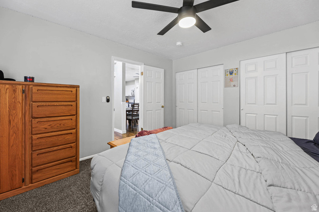 5896 South 3950th Street West Roy, UT 84067 - Photo 12 of 29 Bedroom with multiple closets, carpet floors, ceiling fan, and a textured ceiling