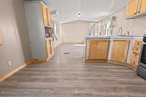 a view of a hallway with wooden floor and cabinet