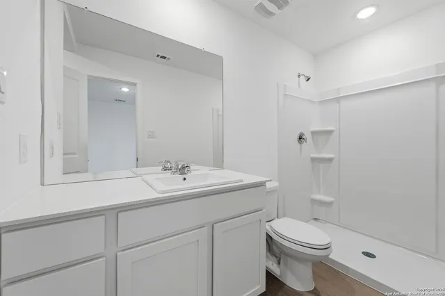 a bathroom with a toilet a sink a mirror a shower and vanity