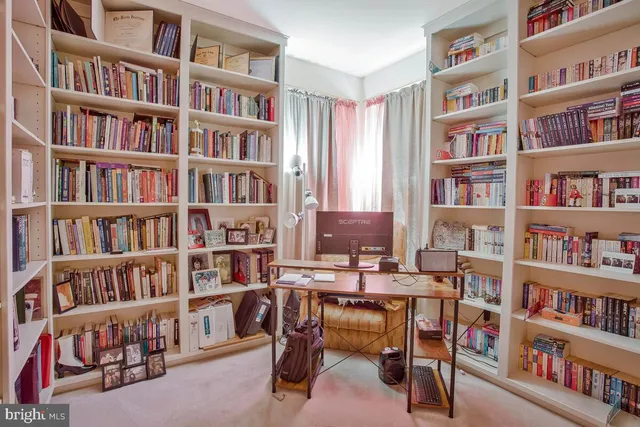 a view of a workspace with bookshelf