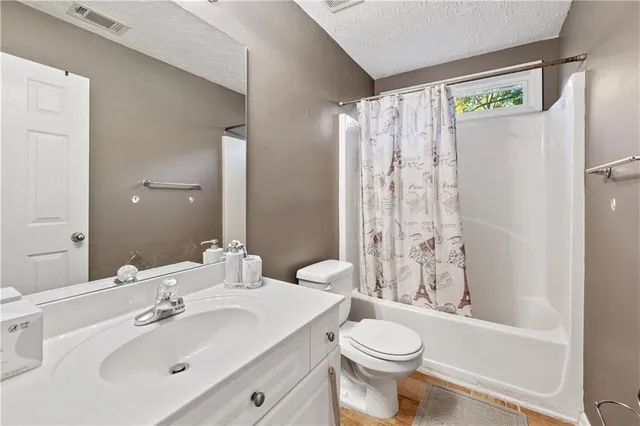 a bathroom with a sink a toilet and shower curtain