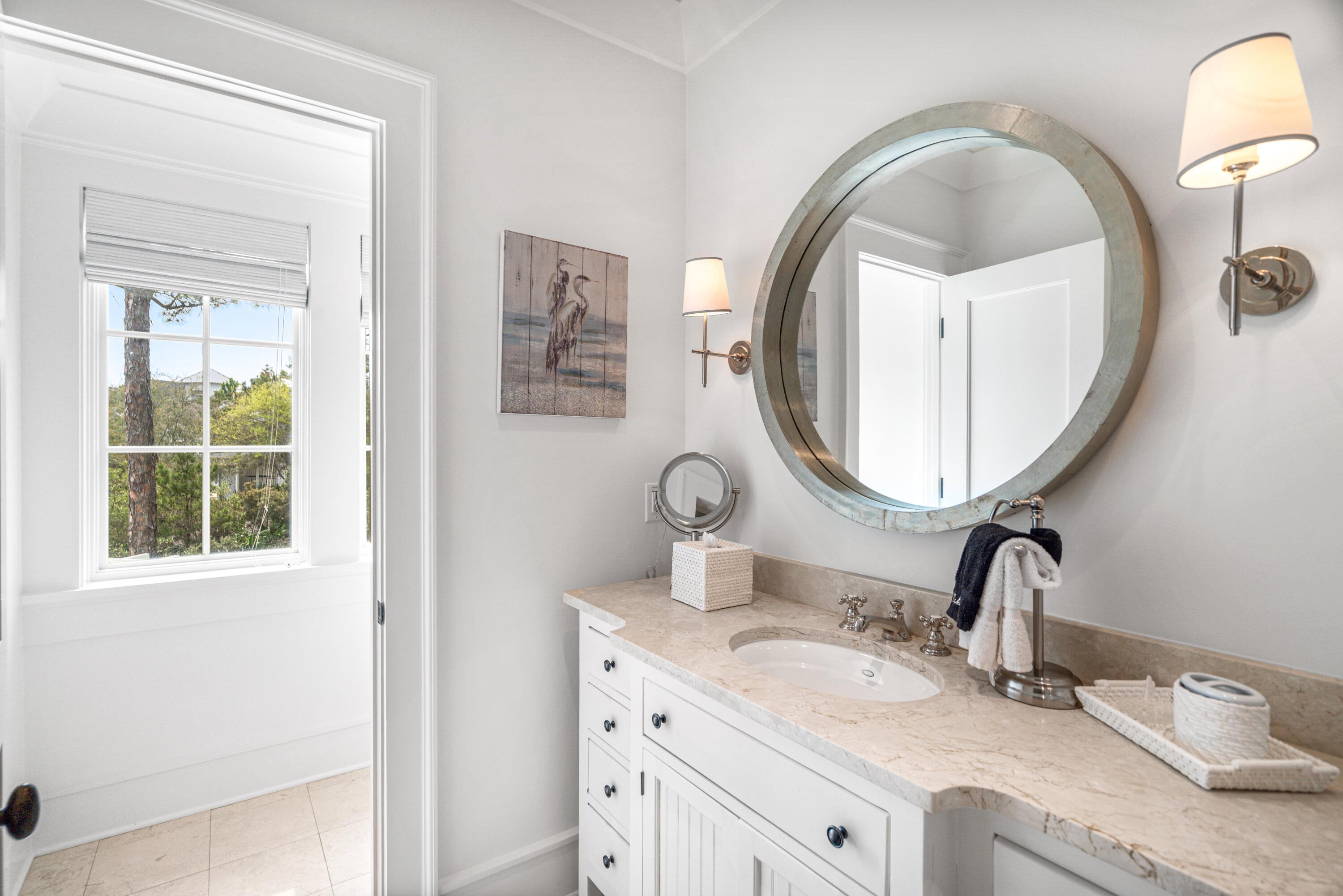 8 Shingle Lane Watersound, FL 32461 - Photo 38 of 73 a bathroom with a granite countertop double vanity sink and a mirror
