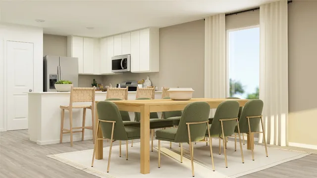 a dining room with furniture and wooden floor