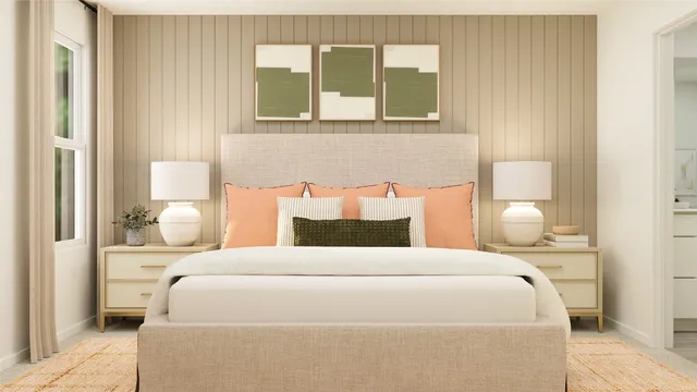 a bedroom with a bed and a night stand