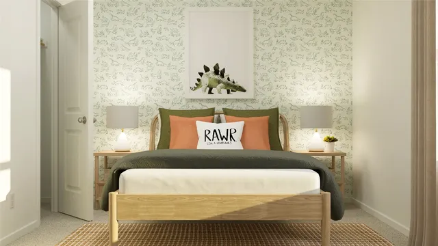 a bedroom with a bed and wall painting