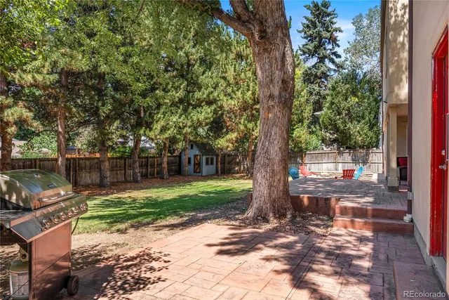 a view of a backyard with a large tree and wooden fence