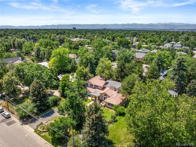 a view of a city with lush green forest