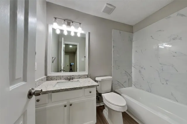 a bathroom with a sink a toilet a mirror a vanity and bathtub