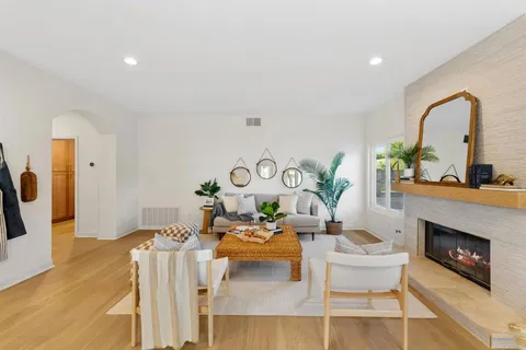 a living room with furniture a fireplace and a potted plant
