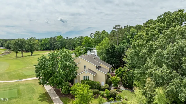 an aerial view of residential houses with outdoor space and trees